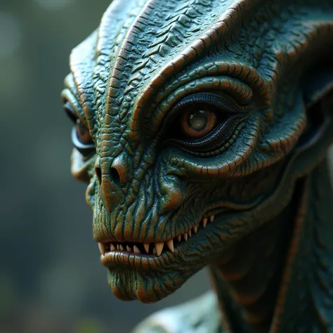 a close-up of a statue of a man with a face, like Atlantean reptilian warriors, in the film Enemy Mine (1985), close-up of the face, rendered in redshift