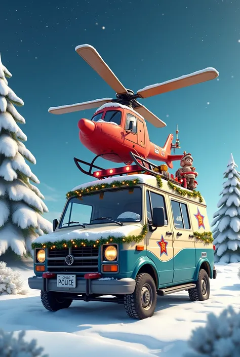 Patrol van adorned with a Christmas-themed helicopter 
