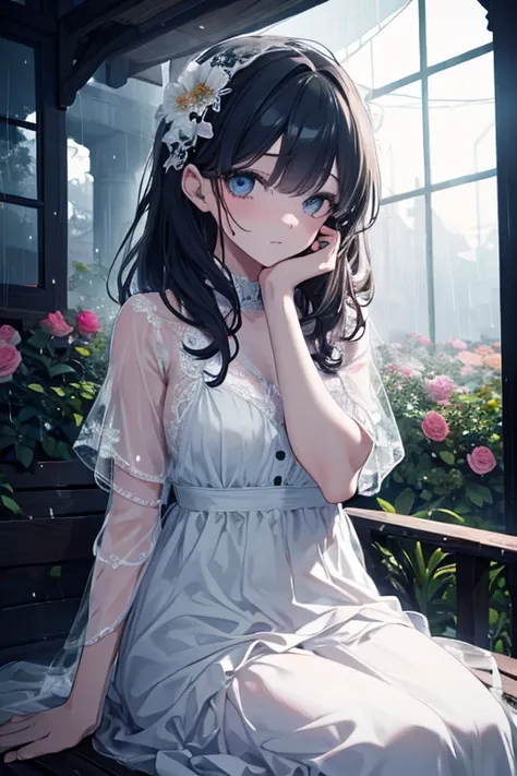 a sad and lonely girl, beautiful detailed eyes, beautiful detailed lips, extremely detailed eyes and face, long eyelashes, emotional, melancholy, thoughtful expression, wearing a white dress, sitting on a bench in a rainy garden, overcast sky, rain, puddle...