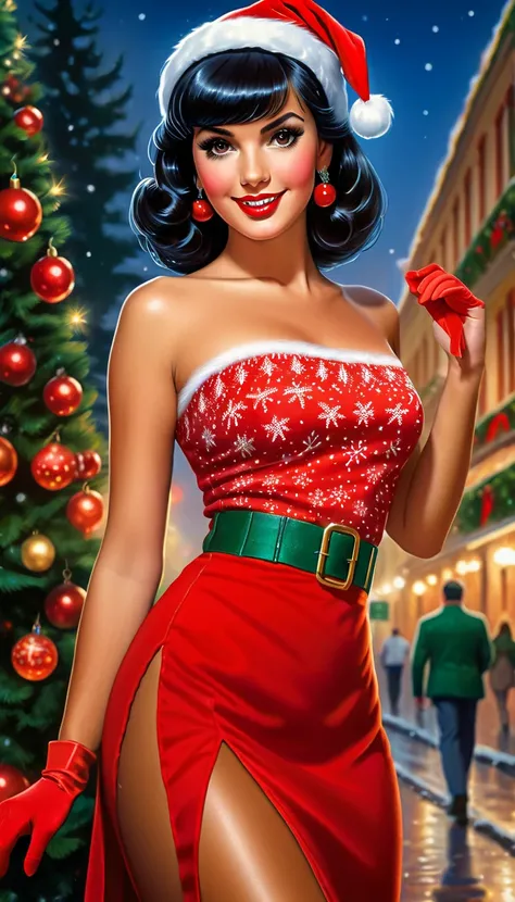 Best quality, realistic acrylic illustration in high definition, brazilian woman in vintage dressed style, straight black hair, bangs, beautiful face, red lips, looking to observer, ((wearing red and white santa claus fitted slit dress, brown pantyhose)), ...