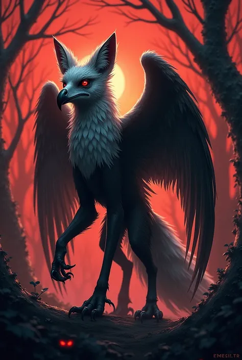 Create a terrifying hybrid creature that seamlessly blends features of an eagle and a fox. The creature has the sleek, agile body of a fox, covered in shimmering feathers that transition into soft fur along its limbs. Its head is a haunting fusion, with th...