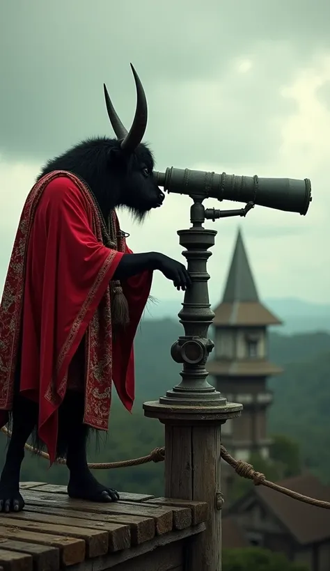 Cinematic portrait of a buffalo figure dressed in typical red Sumatran red, looking up using a military telescope, watching something, on a guard tower