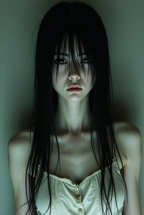 theonryoxl,long black hair,hair over face,dirty white dress with sleeves,solo,simple background,front face,head shot,close up,yamamura sadako, hair over eyes, black hair, long hair, pale skin, white dress, wet clothes, horror (theme),