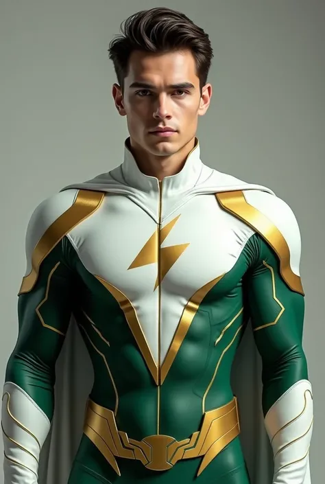 Superhero costume boy 18 year old white and green Golden line outside  (A)  written in the chest face front 