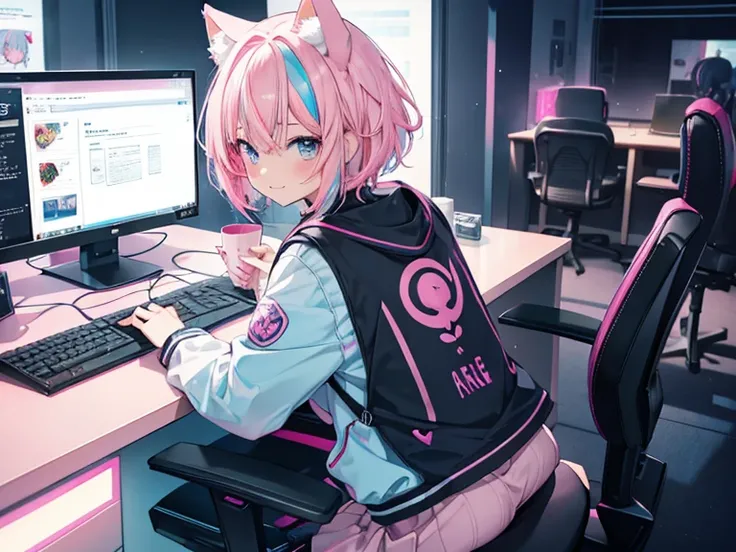 1girl, (((pink and light blue)), ((streaked hair))), highlights hair, masterpiece, purple eye, Food, smile, Cat ears,  keyboard ( computer ),  behind your butt, (( FPS gaming PC display)), very short hair, bob cut, , Foodie,  Look at the Viewers ,  chair, ...