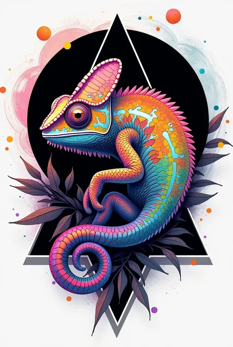 Draw a colored chameleon in a black and white circle surrounded by sound waves and a triangle