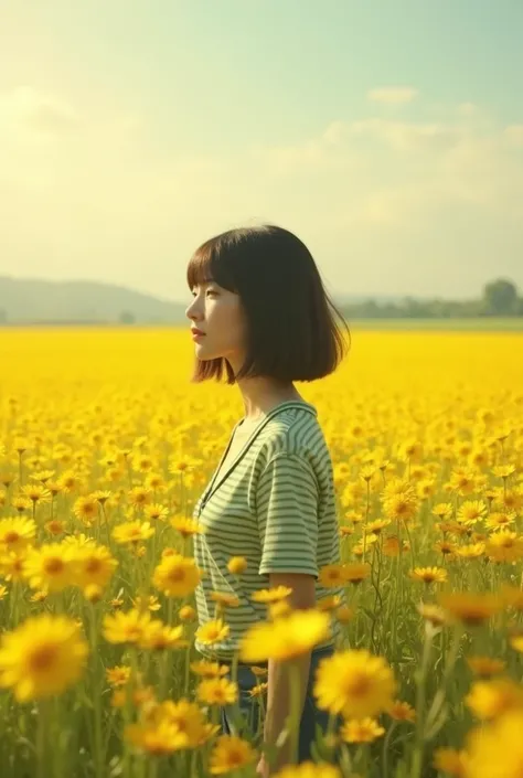 Yellow flower field　 with dark brown hair 　Bob　 is wearing a green and white striped shirt　 is far away　