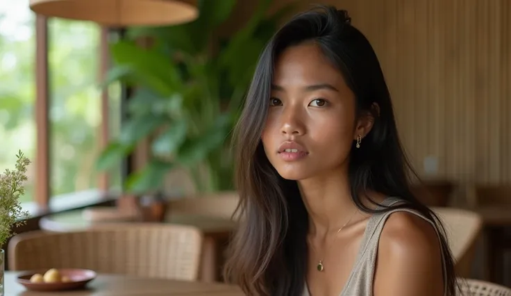 {
  "prompt": "A hyper-realistic close-up portrait of a 30-year-old Indonesian woman with a serious expression, sitting at a wooden dining table in a minimalist Indonesian dining room. The background includes tropical plants, woven chairs, and light wood p...