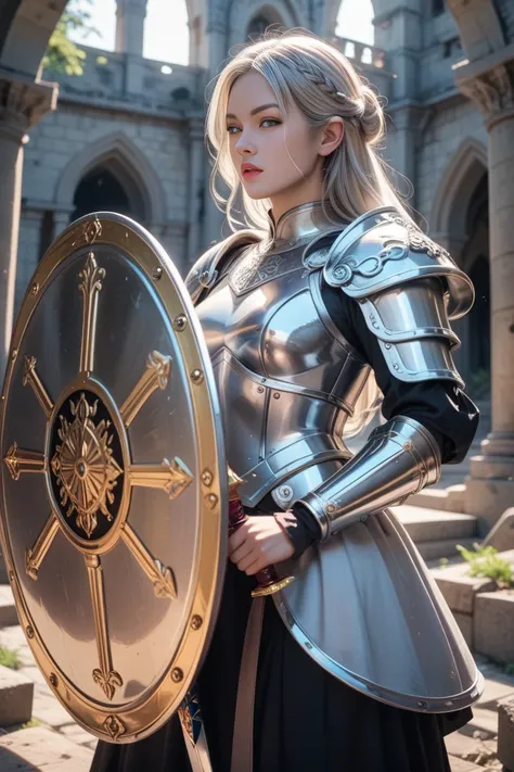 A female knight in silver armor standing up、Castle ruins、 platinum blonde hair、Hold a great sword、Hold a shield、Close-up