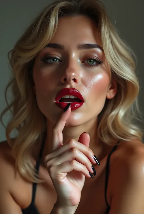 Woman in red lipstick with big blonde fingernails with a finger on her mouth sensualizing without clothes with a face of pleasure 