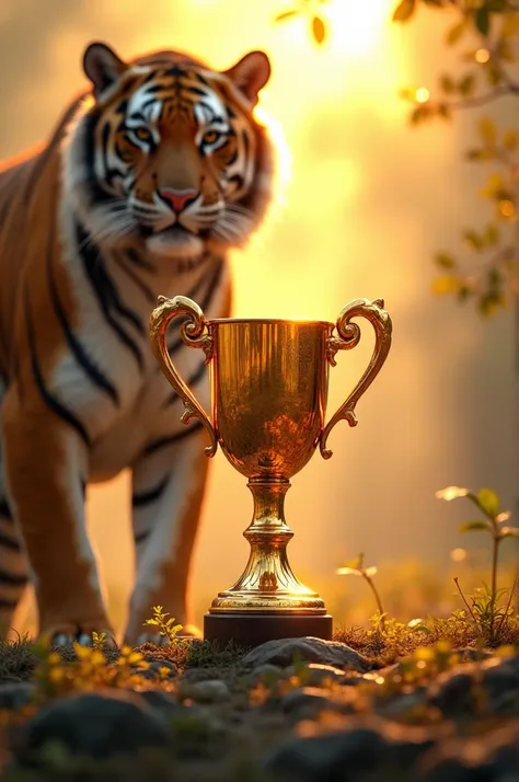  illustration; best quality ; trophy a shiny gold trophy illuminated by the sun;tigre;behind the . 8k resolution .