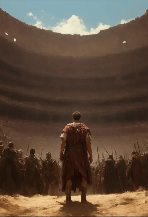 A man seen from behind ,men ahead ,armados con swords y achas,sword, Roman Colosseum seen from the inside, giant and colossal ,redondo,stands with public ,sunny day,sand floor , king in Placo Romano