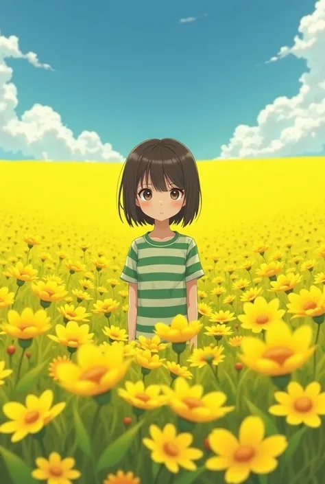 Yellow flower field　Young skinny boyish girl with dark brown hair　Bob　 is wearing a green and white striped shirt　 is far away　Has a slightly lonely expression