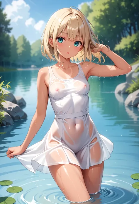 masterpiece, best quality, delicate illustration,ultra detailed skin,
(1girl:1.2), (solo:1.2), school girl, tan, See-through (white micro casual dress:1.2), (nipple, vagina:0.5), Outdoor, (soaked:1.2),(Swimming:1.5), (in the river)