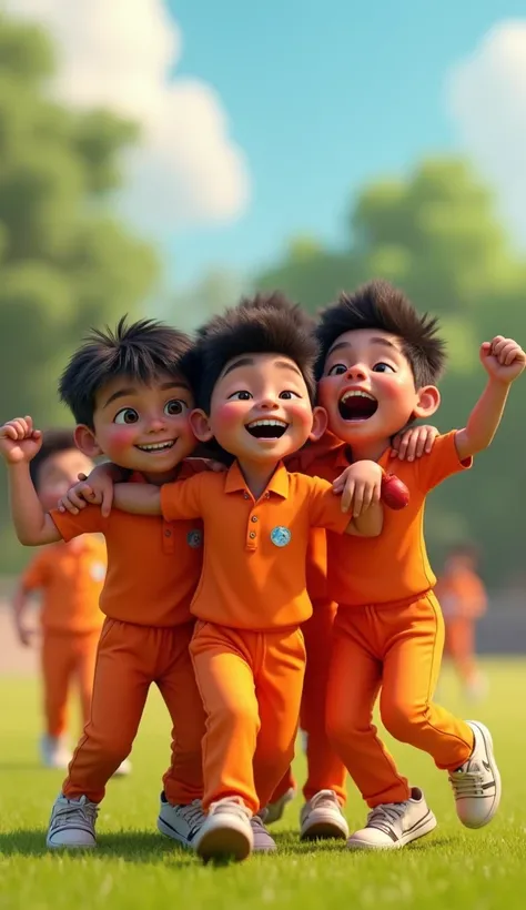 Clothing - a orange cricket team on boys 
"Arjun’s team celebrates their victory as the narrator concludes: ‘The team of Palashpur proved that with big dreams, resources don’t matter. All you need is passion.’"
3d pixar style 