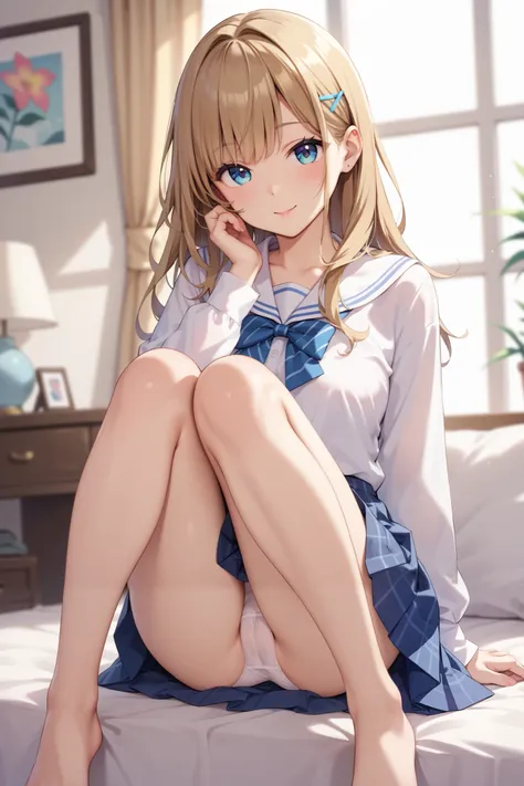 anime、[Put on your knees and open your legs in an M shape、 panties]、looking at the viewer、white panties without wrinkles、Slim figure、２０age、 brown long hair、 Knee Length Skirt 、Wide Eyes、 cute expression 、Put your hands on your chin