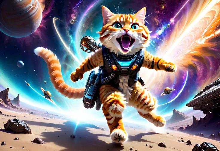 An orange tabby cat on an alien planet in space, wearing a futuristic leather vest, performing an energetic, action-packed guitar solo while shouting or screaming with passion. The cat is in mid-motion, with one leg extended forward in a powerful, dynamic ...