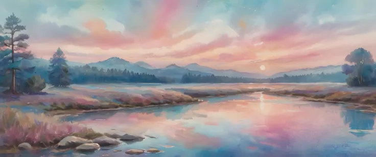 A detailed, dreamy, and bohemian watercolor painting featuring a pastel color palette with blue and pink gradient hues, award-winning watercolor technique, vintage aesthetic, and dynamic splashes throughout the composition, (best quality,4k,8k,highres,mast...