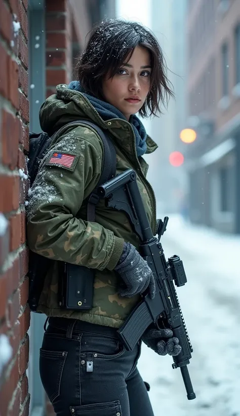 realistic, full body shot, photography, Tom Clancys The Division game, military woman, short dark brown hair, military mercenary outfit in camouflage city colours consisting of black denim combat trousers and t-shirt and camo winter jacket and arafat aroun...