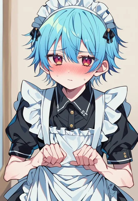  one boy、Shota、 cute、Women、 Embarrassing 、 maid clothes、Red face、 light blue hair、