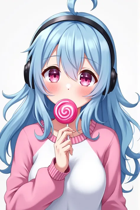 Light blue long hair，  pink and white sweatshirt ， pink eyes ， black headphones ， with lollipops in her mouth 