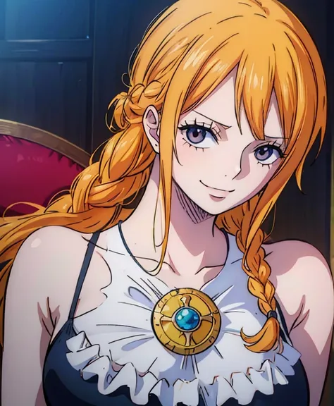  ( top quality, 4K, 8k,  high definition , masterpiece:1.2),  super detailed, ( realistic , photo realistic , photo- realistic :1.37) ,Generate a realistic anime style for Nami in ONE PIECE , must be drawn in anime style , girl with very pale orange yellow...