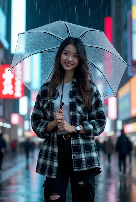 A photo of a beautiful clean face Korean woman chubby smiling face facing at the camera with long black mixed grey loose waves hairstyle with smooth white skin and a perfectly maintained face, black and white long sleeve flannel shirt with lots of elbow po...