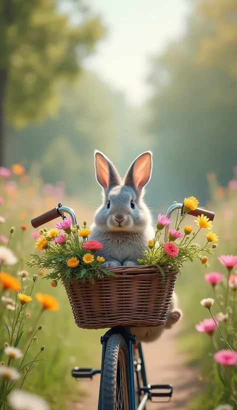 A cute, small bunny sitting inside a bicycle basket, surrounded by vibrant wildflowers. The bike is an old-fashioned style with a front basket brimming with flowers. The bunny’s fur is a soft shade of light grey, and it looks content as it rests in the bas...