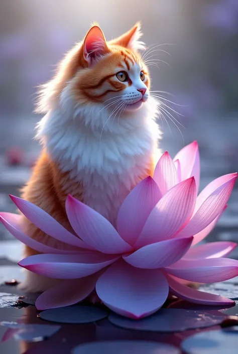 Create a realistic high-definition wallpaper of a cat with orange and white fur fused with a lotus flower in lilac and purple