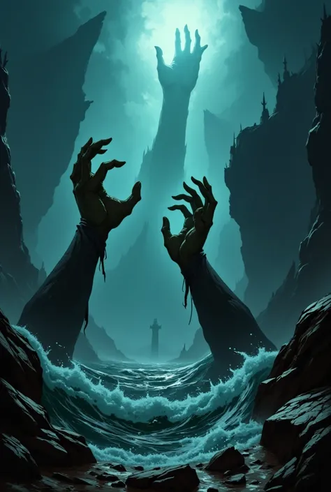 Create a dramatic book cover illustration inspired by a dark fantasy D&D campaign. The scene features a dark, ominous sea shrouded in thick, eerie mist. In the foreground, a pair of rotting hands with dry, withered skin rise upward, twisted and lifeless, a...