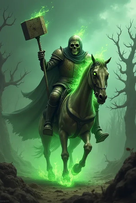 medieval knight riding on a skeleton horse in green flames the knights face is a skull, war hammer , Dark fantasy 