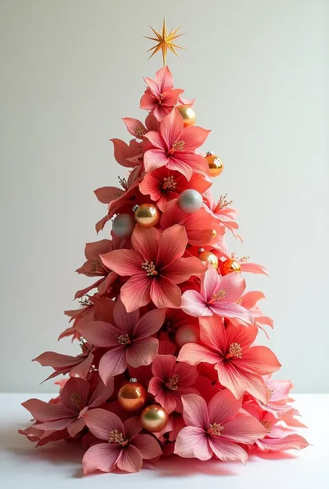  Dehydrated hibiscus flower in the shape of a Christmas tree with Christmas balls, Bows, star at the top of the tree but with dehydrated leaves  