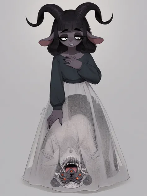 furry female goat , horror movie , scream , Fear, creepy , Behind her is a giant Satan
 , Tall, long eyelashes, deep dark eyes, beautiful hair, beautiful bone structure 
, erotica , Transparent lacy dress , Pantyhose , cunnilingus
, Mature , Euphoria , (co...