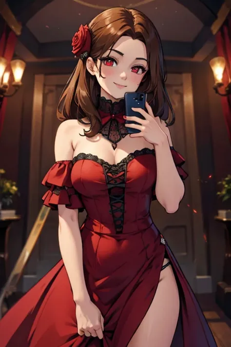 Perfect face. Perfect hands. A brown haired woman with red eyes in a Gothic red gown is smiling while holding a single red rose in a Gothic ballroom.