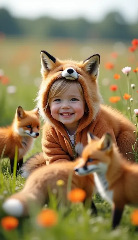 A  up to two years old,  with soft blond hair , Sitting in a flower field,  with the backs placed back on a fox with a reddish, smooth coat.  The fox is visibly next to the  ,  with a calm and protective expression . Several cute little foxes ,  with orang...