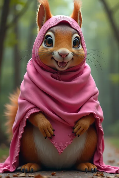 A giant squirrel which is wearing Muslim pink colour hijab with very big two protruding teeth