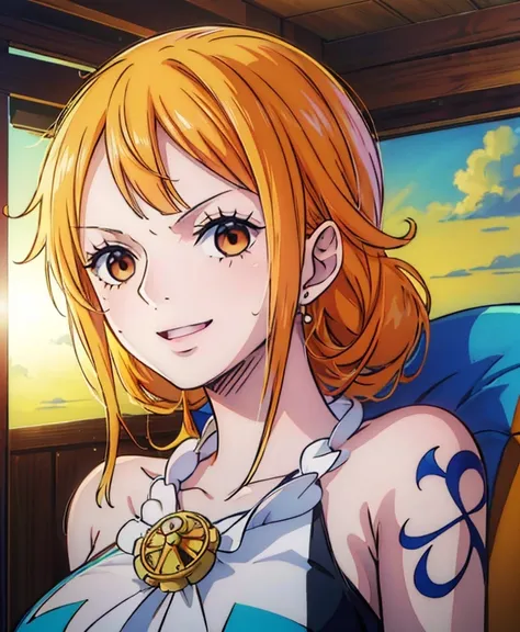  ( top quality, 4K, 8k,  high definition , masterpiece:1.2),  super detailed, ( realistic , photo realistic , photo- realistic :1.37) ,Generate a realistic anime style for Nami in ONE PIECE , must be drawn in anime style , girl with very pale orange yellow...