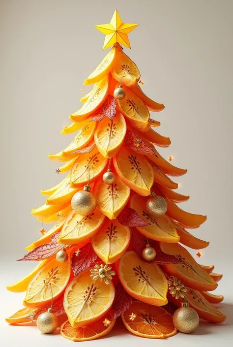 Dried fruits in the shape of a Christmas tree with Christmas balls, Christmas bows ,  star on the top of the tree but with dehydrated leaves and lights