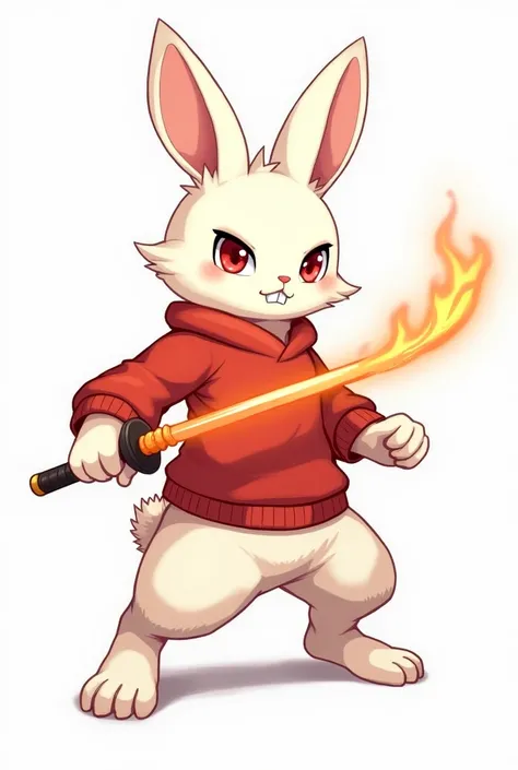 Sketch A furry rabbit male with white fur wearing a plain red sweater and plain red eyes is posing while holding a fire katana