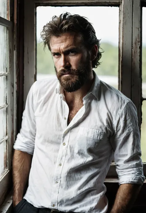 A photo of a scruffy looking man with a beard and a white shirt. He is leaning against a window and has an intense smoldering gaze. The man has a masculine and rugged appearance.