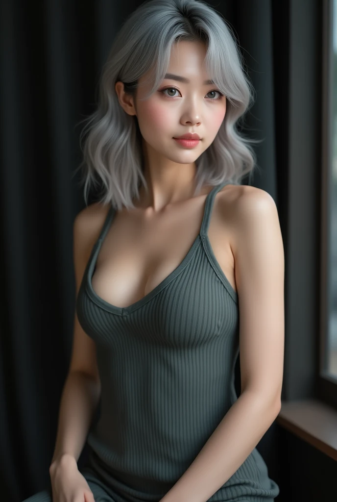  measurements、8k、masterpiece)、1 girl in、 Beautiful Japanese Women、Thin waist、 Beautiful Women in Perfect Style ：1.4、 Delicate Face Medium Bust，Light gray hair、cosmetics、 Full Body Esbian 、Plus Size Tank Tops ，Gray eyes, Dark atmosphere