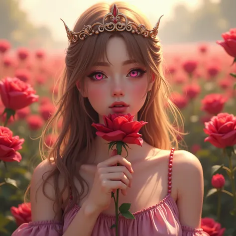 A Beautiful Princess Standing On Flower Garden Shes has a red rose flower in her hands and she is smelling its fragrance, fully detailed face, pink eyes and lips, Long Hair, High Resolution, Masterpiece, Anatomically Correct, Best Quality, High Details, 8k...