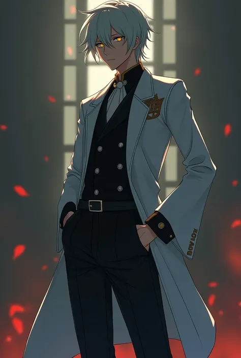 Man with short white hair and golden eyes wearing a white outfit anime version