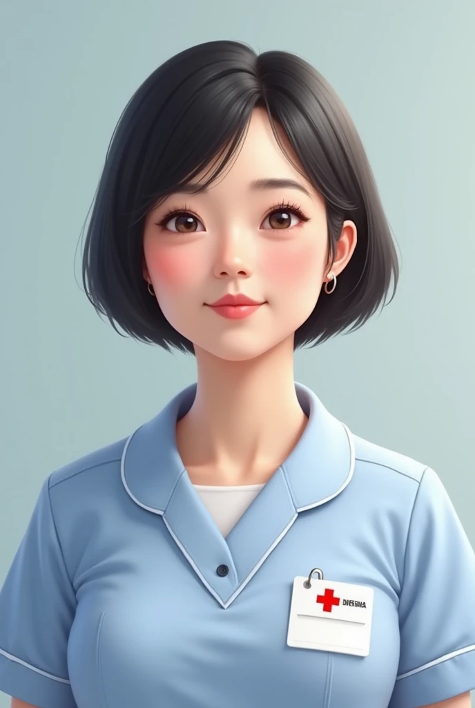 nurse　 plump Japanese woman　Scrub outfit　 bob cut　round face　