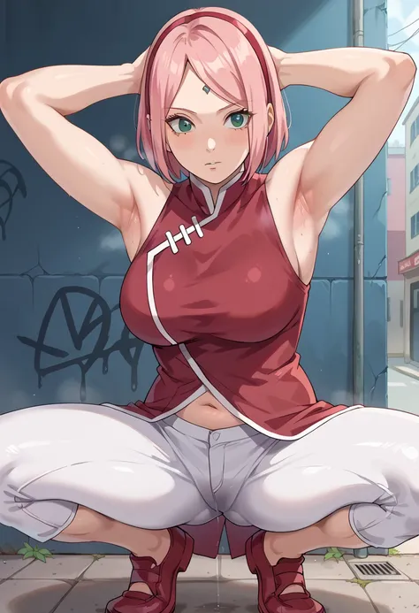 nsfw, haruno sakura, pink hair, short hair, green eyes, red sleeveless dress, navel, large breasts, white pants，In a dimly lit alley ,Armpit,Armpit wrinkles,Armpit smell,Armpit juice,Arms up,Stretch,pubic hair,under hair,,squat down, 