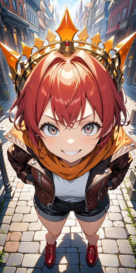 (masterpiece, ultra detailed, top quality), (cel shading anime, full body of 6 heads,  girl), evil grin, (shiny skin,  face, big gray eyes, red short hair:1.2), BREAK (huge crown, orange scarf, leather jacket, shorts, leather shoes), fantasy town, cobbled ...