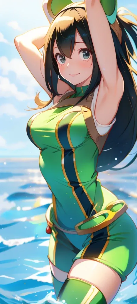 1girl, froppy, cute expression, wholesome, breasts, showing armpits. 