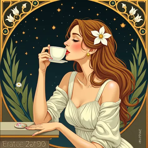 Painting of a woman drinking a cup of coffee, leaning against a wall. Painting in the artistic style art nouveau of Alfons Mucha. Tiny stars in background with otherño leaves and some white flowers. Flat Art Nouveau illustration. 