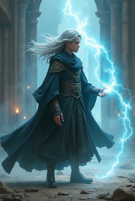 (photorealism:1.2), long grey hair young man, sorcerer, who create a battle spell magic, stand at epic possession. 