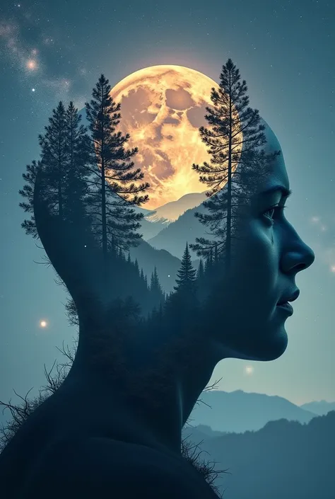 Triple exposure  A imagem mostra uma representação artística de uma cabeça humana, com o topo da cabeça transformado em um labirinto tridimensional. the moon and stars with trees and mountains, nature beauty and wonder, magical, majestical, beautiful color...